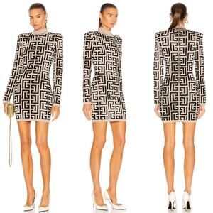 Balmain Ivory & Noir Monogram Shoulder Pad Knit Mini Dress